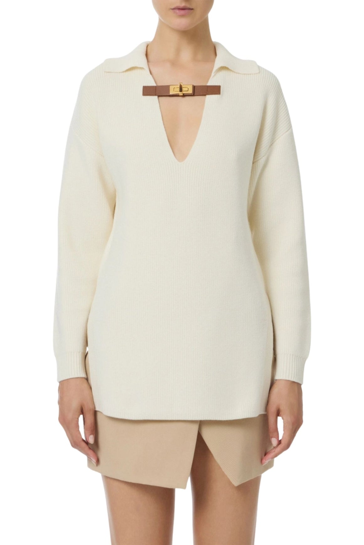  Elisabetta Franchi Maglia In Misto Lana Colore Milk Con Cinturino Gioiello Woman - 2