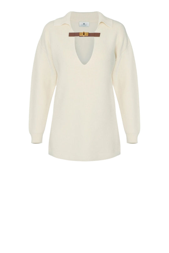Maglia in misto lana colore milk con cinturino gioiello