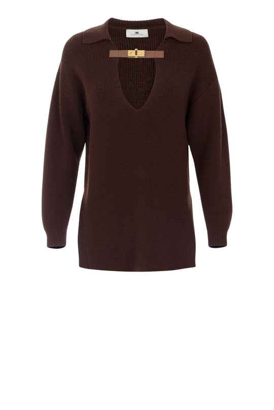 Maglia in misto lana colore coffee con cinturino gioiello