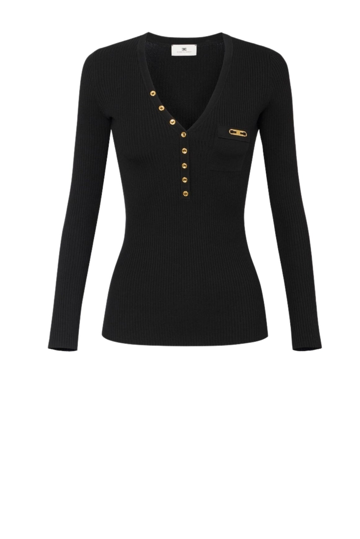  Elisabetta Franchi Maglia A Costine Color Nero Con Taschino Woman - 1