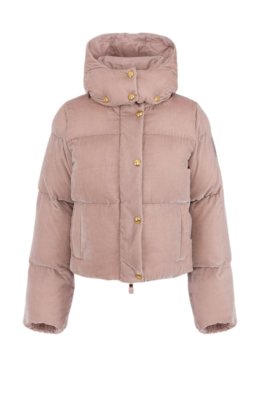Piumino colore sunrise in velluto con cappuccio<BR/>