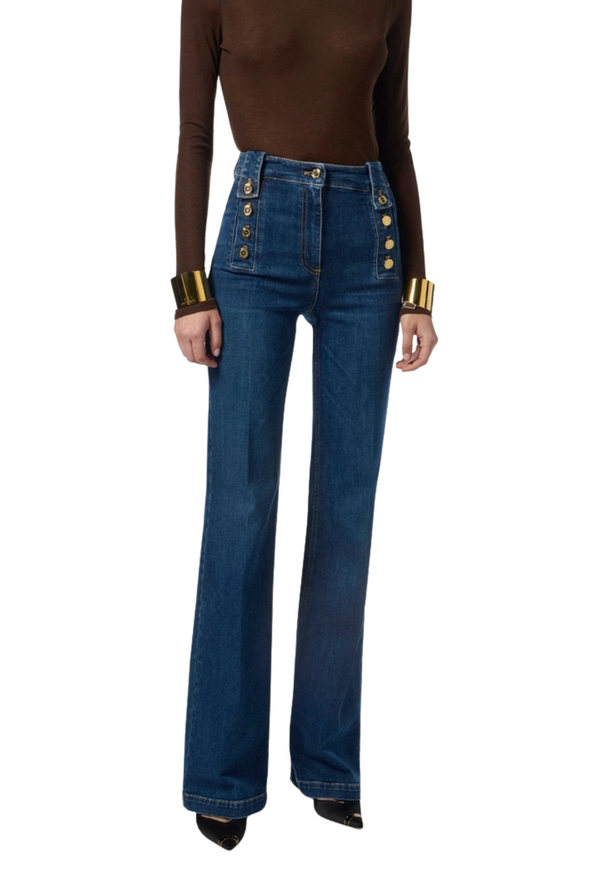  Elisabetta Franchi Jeans A Palazzo Con Bottoni Blue Denim Woman - 1