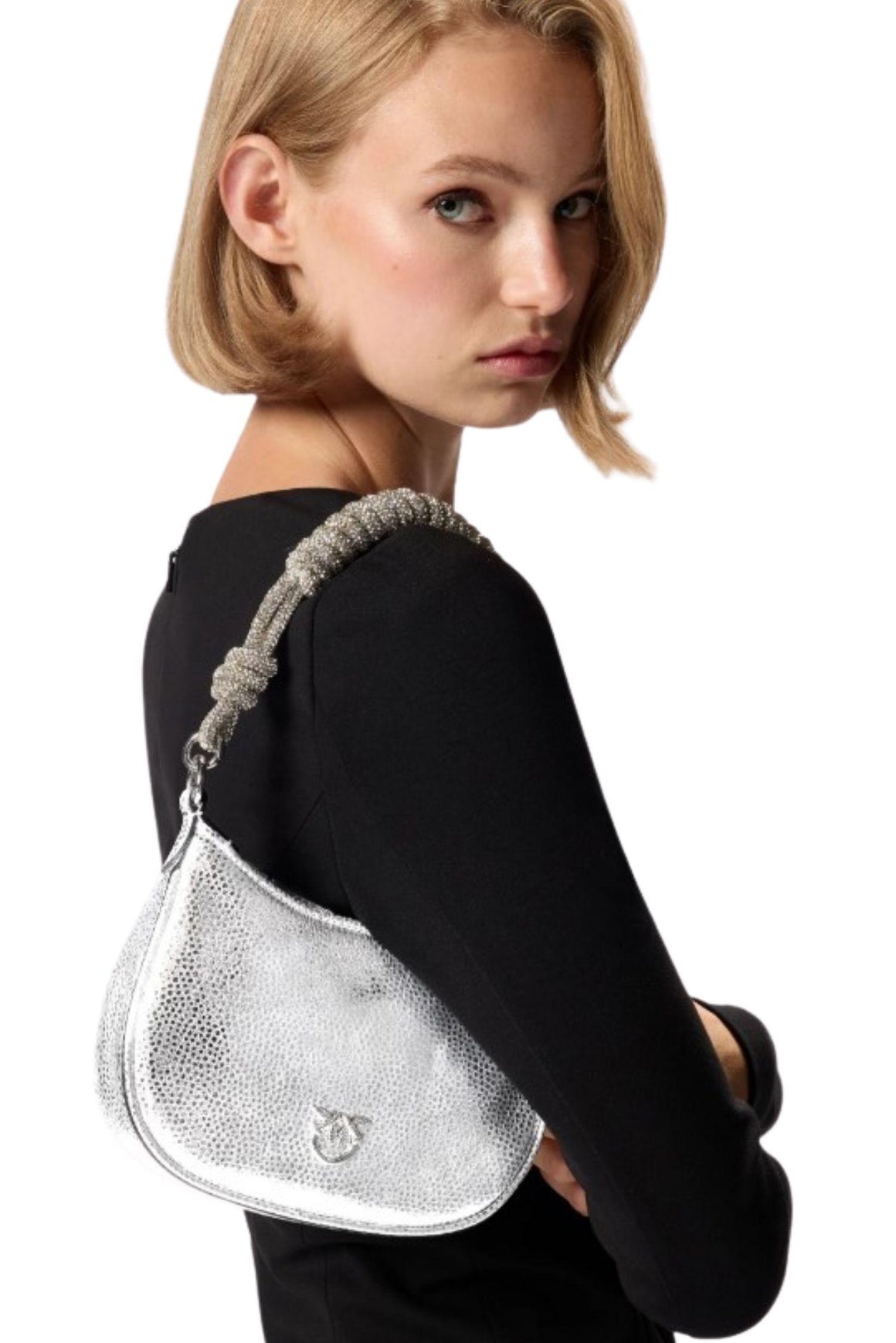  Pinko Borsa Baby Half Moon Pelle Laminata Argento Woman - 2