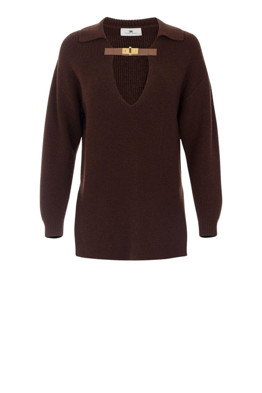 Maglia in misto lana colore coffee con cinturino gioiello