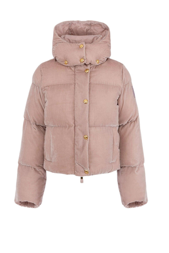 Piumino colore sunrise in velluto con cappuccio<BR/>