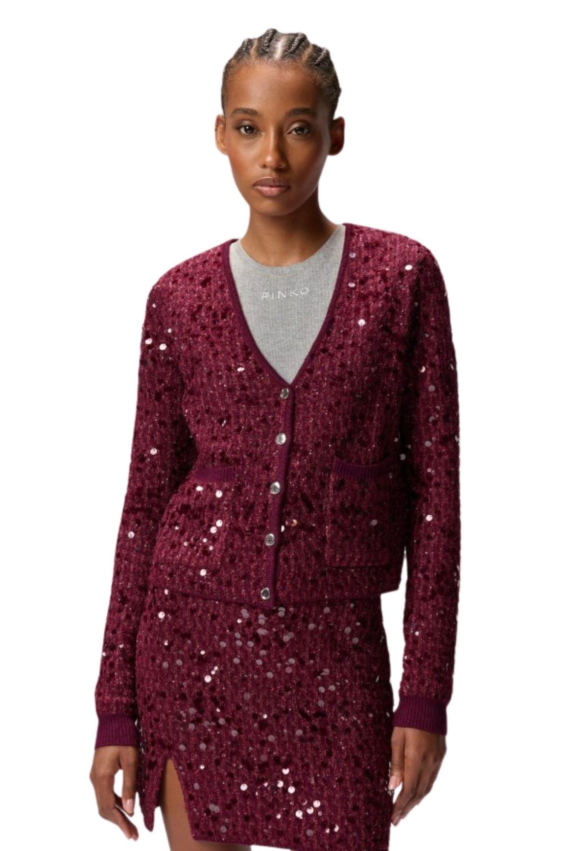  Pinko Cardigan Con Paillettes Colore Rosso Bordeaux Woman - 2