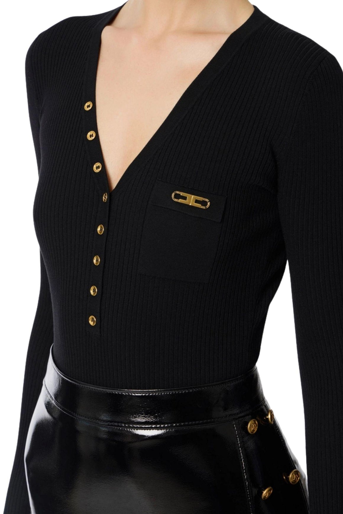  Elisabetta Franchi Maglia A Costine Color Nero Con Taschino Woman - 3