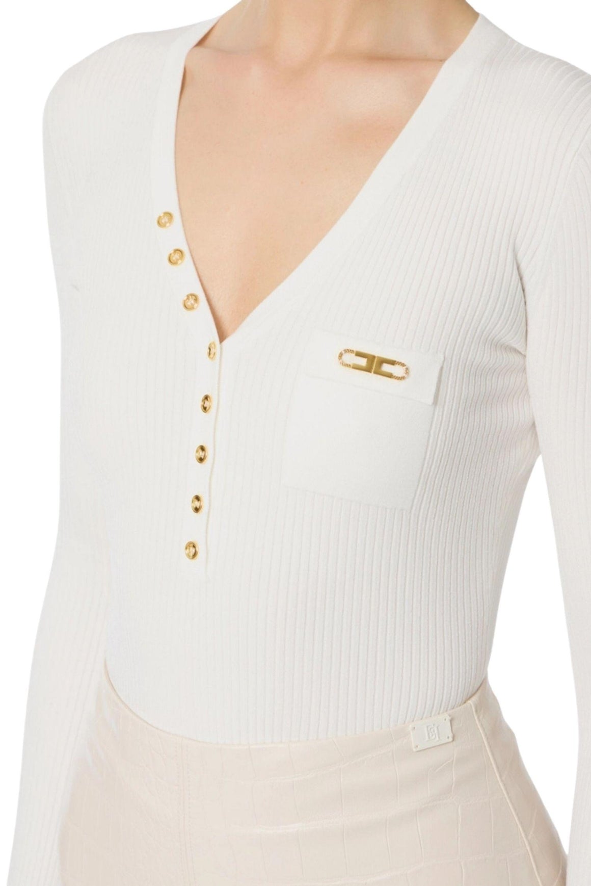  Elisabetta Franchi Maglia A Costine Colore Avorio Con Taschino Woman - 3