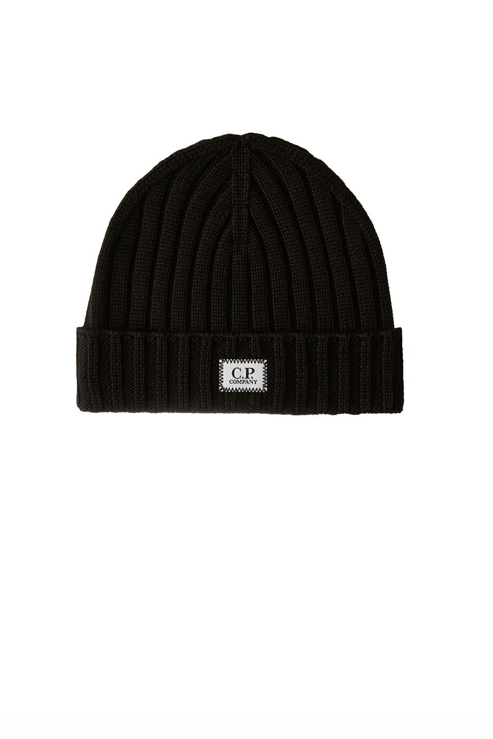  Cp Company Merino Wool Logo Beanie Black Uomo - 1