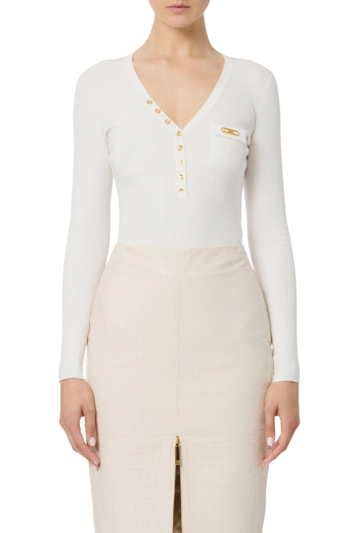  Elisabetta Franchi Maglia A Costine Colore Avorio Con Taschino Woman - 2