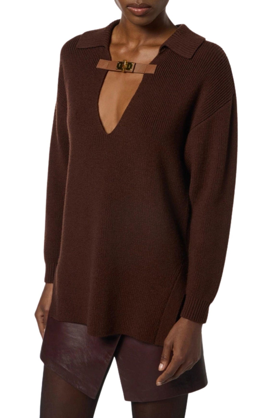  Elisabetta Franchi Maglia In Misto Lana Colore Coffee Con Cinturino Gioiello Woman - 2