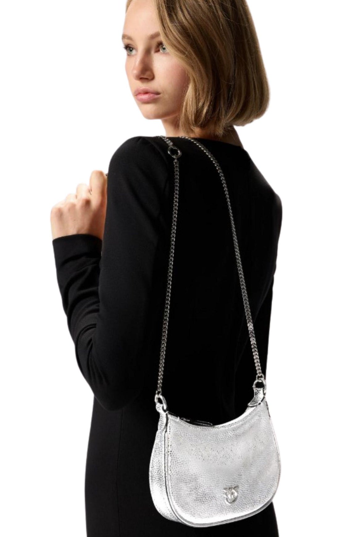  Pinko Borsa Baby Half Moon Pelle Laminata Argento Woman - 4