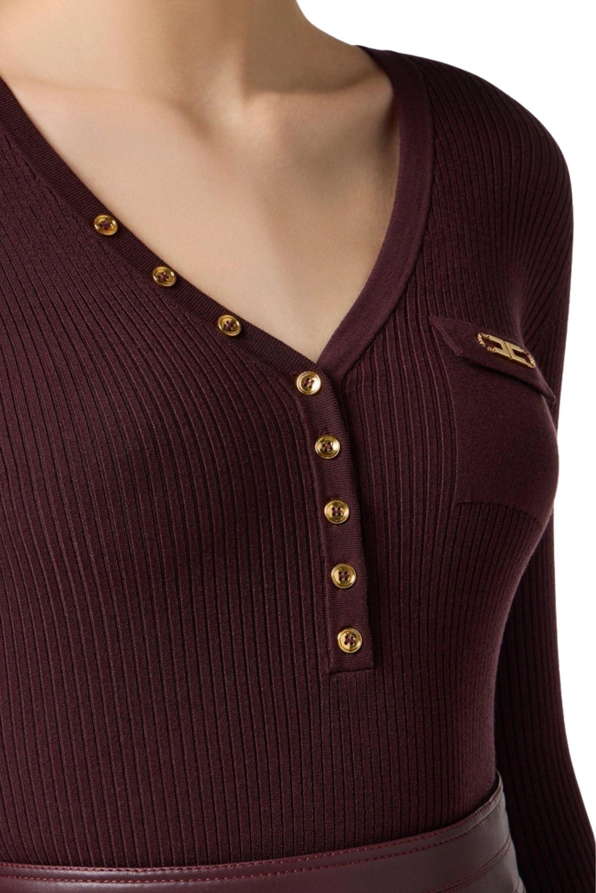  Elisabetta Franchi Maglia A Costine Colore Merlot Con Taschino Woman - 3