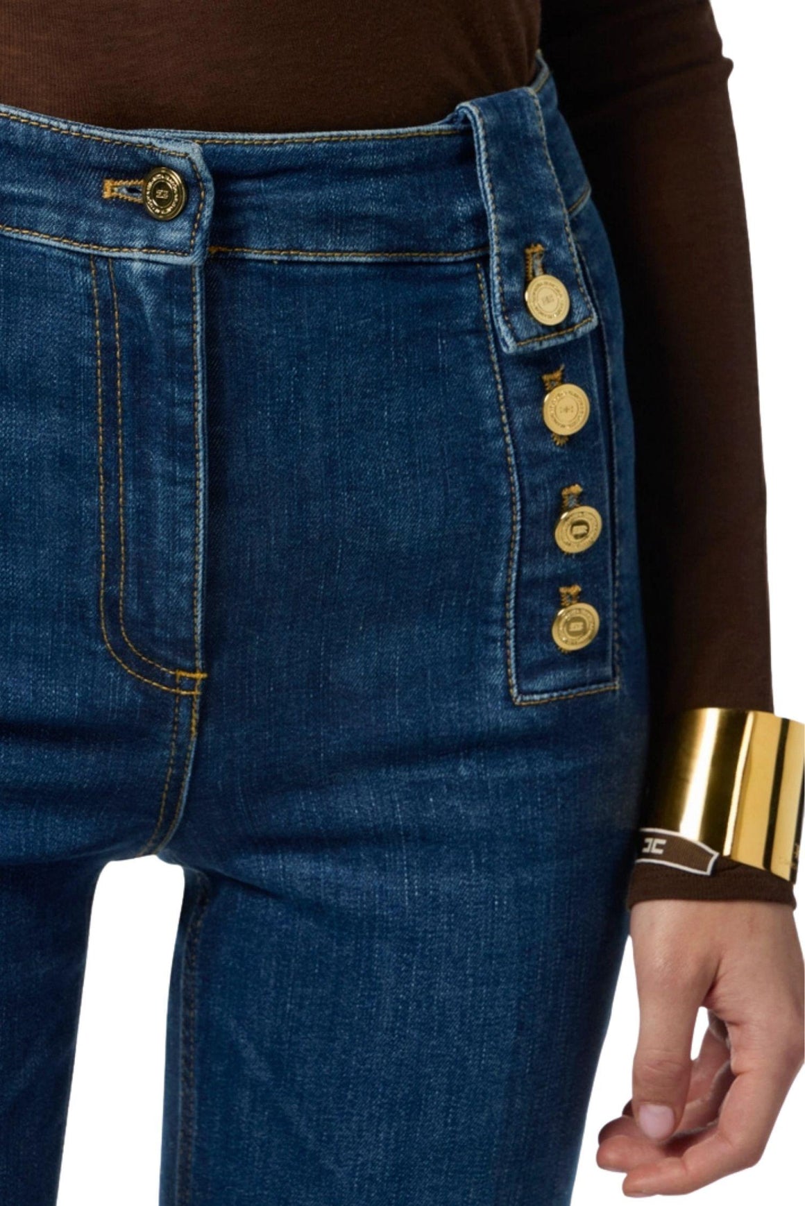  Elisabetta Franchi Jeans A Palazzo Con Bottoni Blue Denim Woman - 3