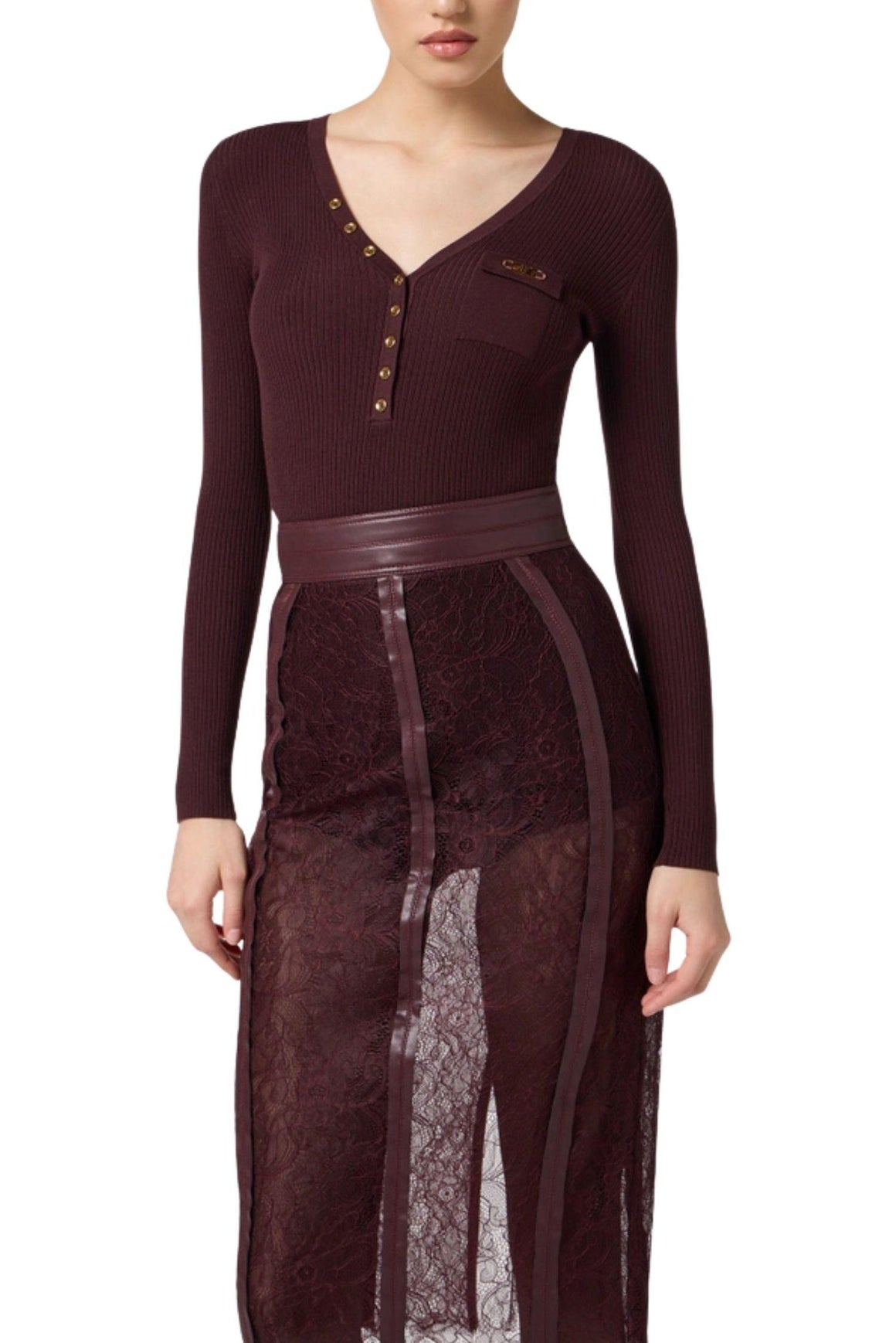  Elisabetta Franchi Maglia A Costine Colore Merlot Con Taschino Woman - 2