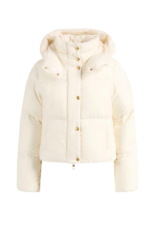Piumino colore milk in velluto con cappuccio